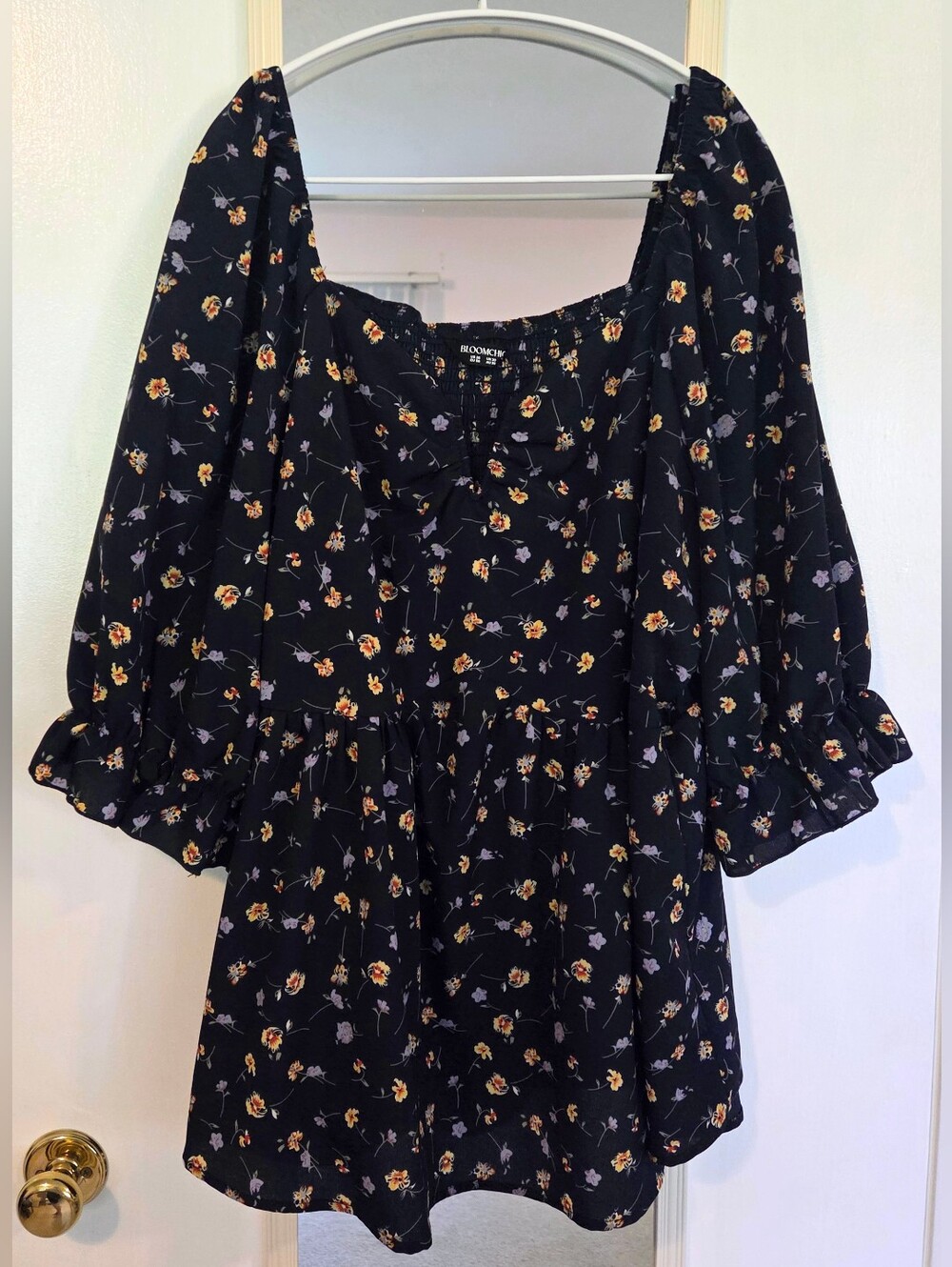 Bloomchic Navy Floral Puff-Sleeve Women’s Top 3/4 Sleeve Plus Size